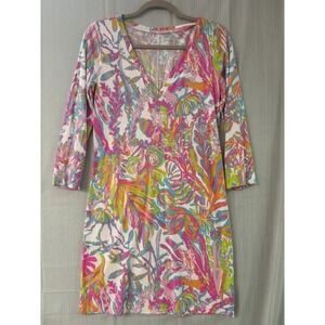 Lilly Pulitzer Pima Cotton V-Neck Dress 3/4 Sleeve Pink Orange Coral  Medium